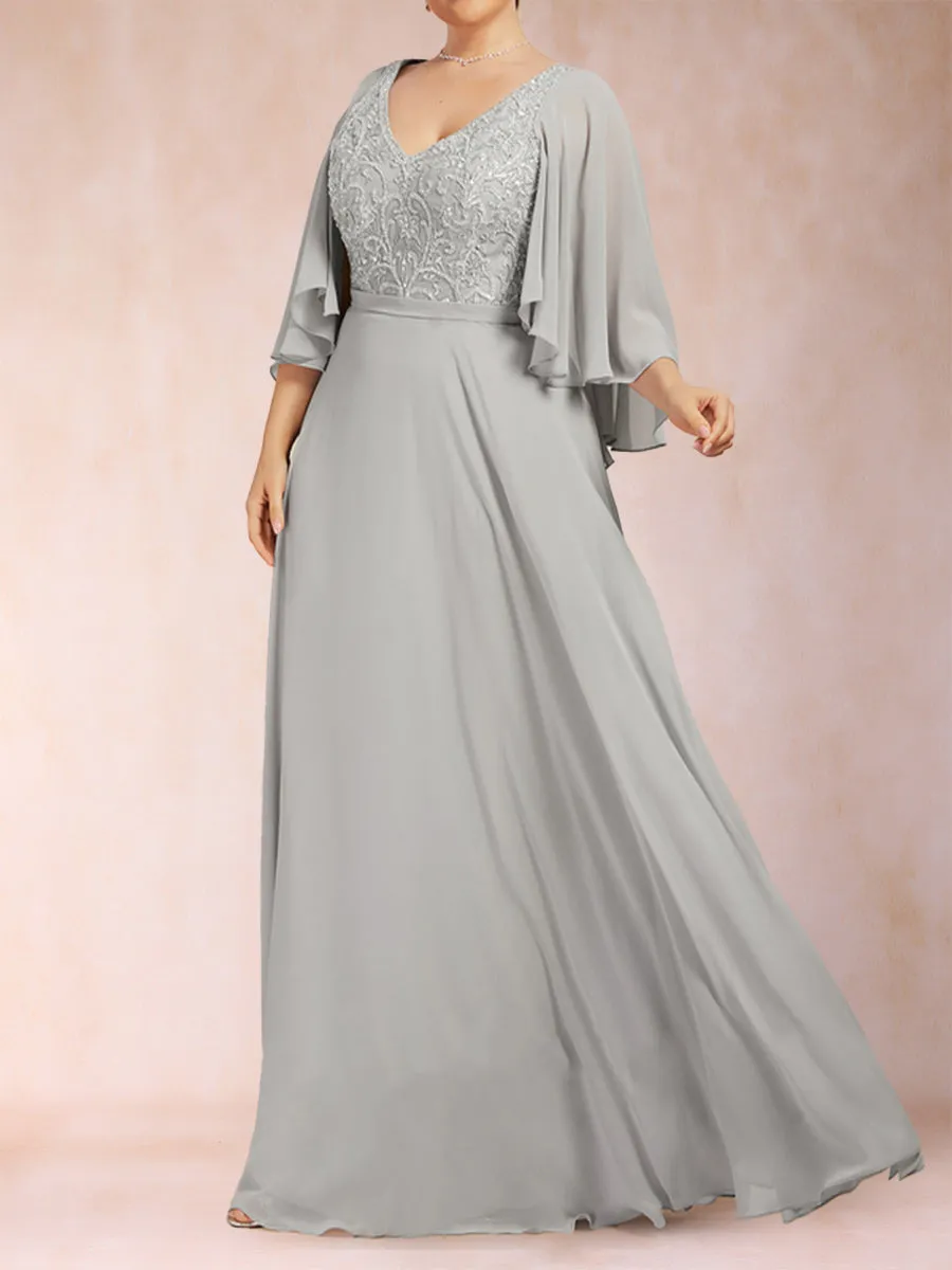 A-Line/Princess Chiffon V-Neck Half Sleeves Plus Size Mother of the Bride Dresses with Applique sold by Lavetir product image thumbnail 4