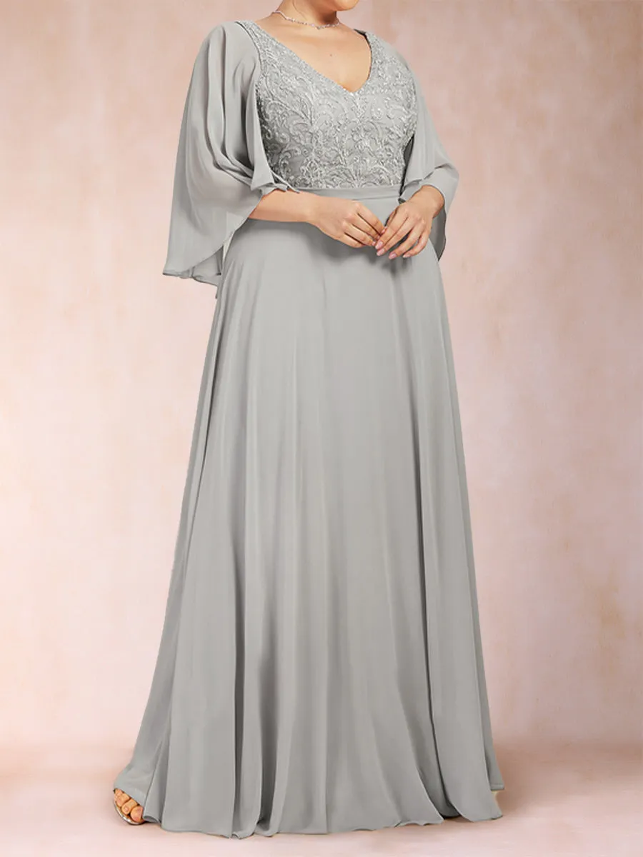 A-Line/Princess Chiffon V-Neck Half Sleeves Plus Size Mother of the Bride Dresses with Applique sold by Lavetir product image thumbnail 3