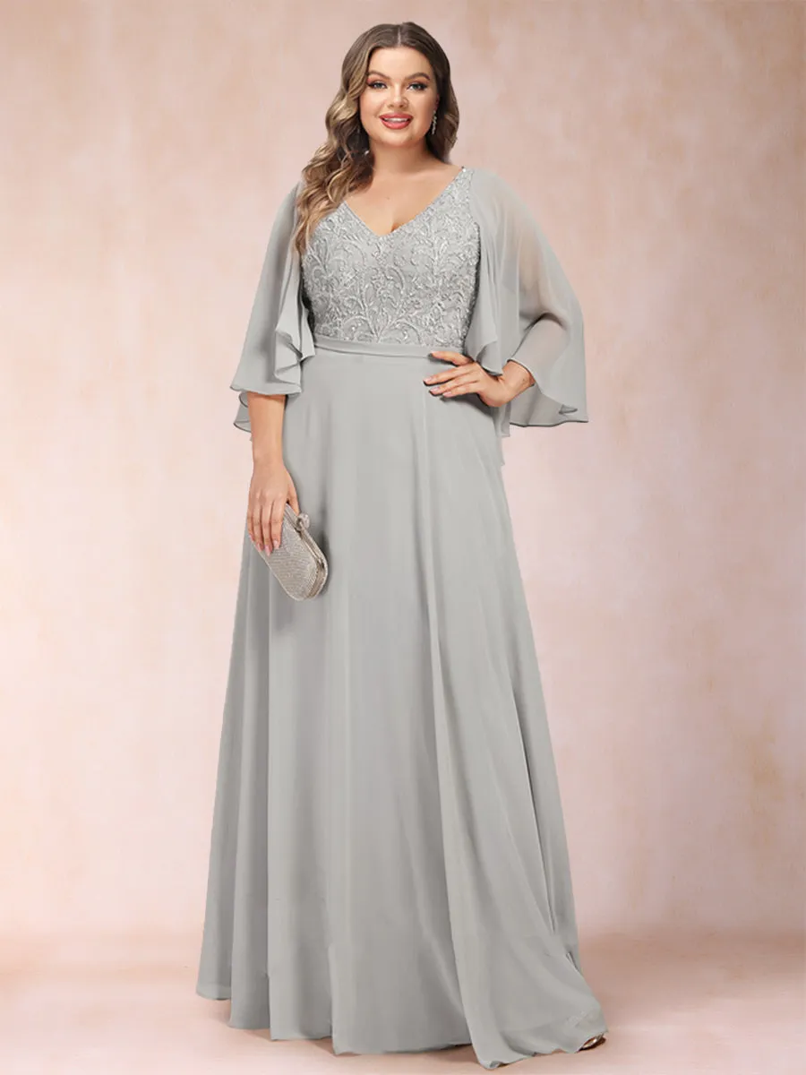 A-Line/Princess Chiffon V-Neck Half Sleeves Plus Size Mother of the Bride Dresses with Applique sold by Lavetir