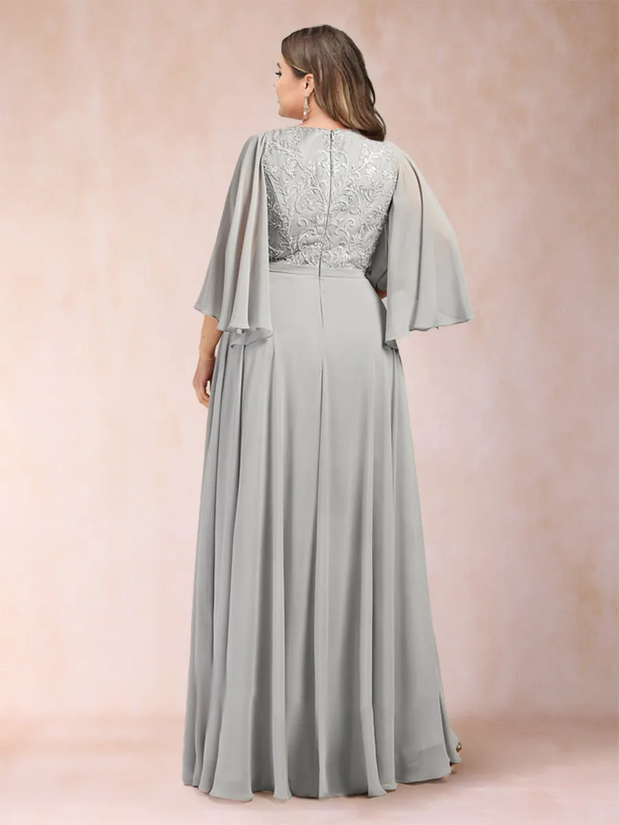 A-Line/Princess Chiffon V-Neck Half Sleeves Plus Size Mother of the Bride Dresses with Applique sold by Lavetir product image thumbnail 2
