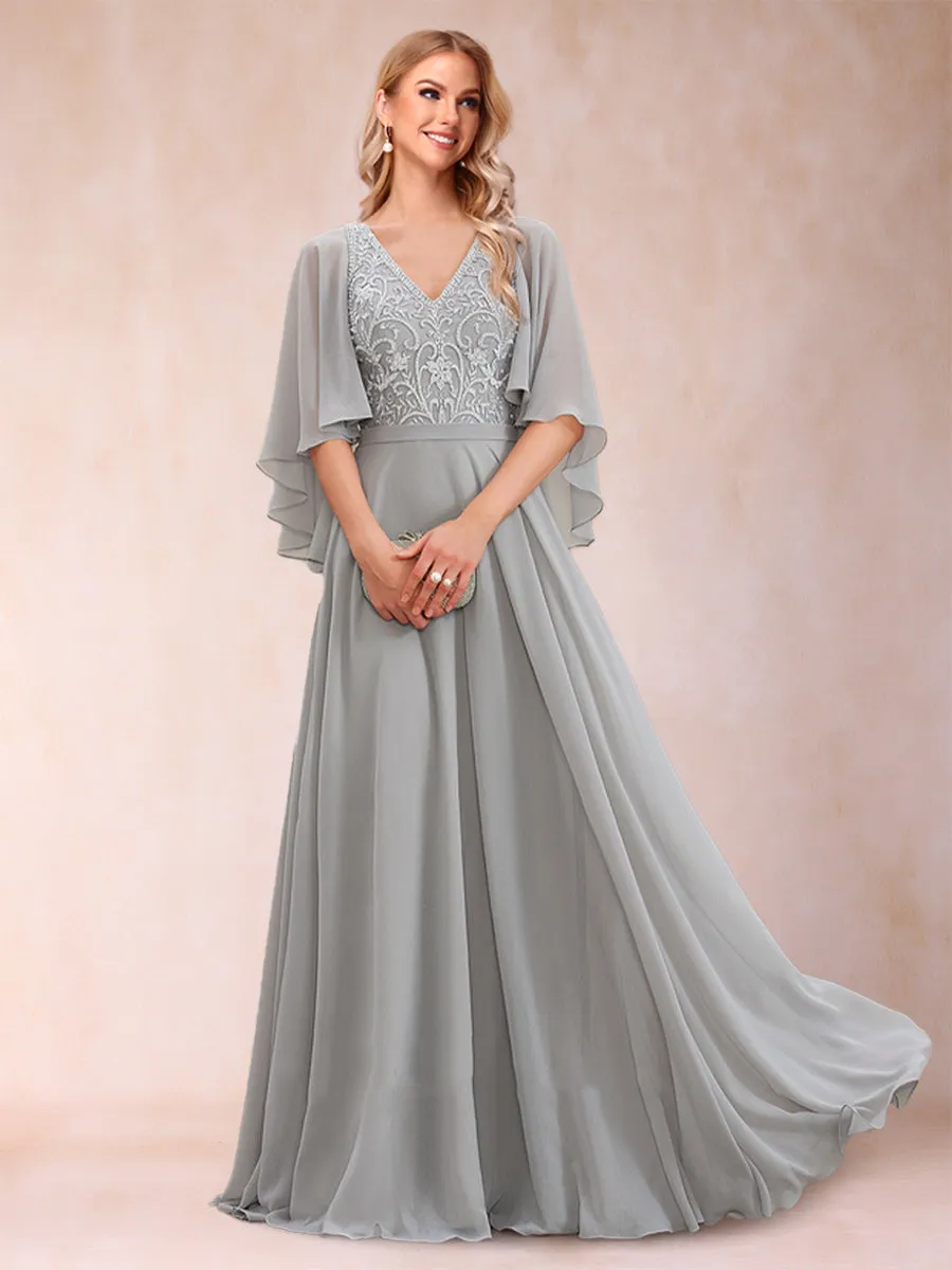 A-Line/Princess Chiffon V-Neck Half Sleeves Mother of the Bride Dresses with Applique sold by Lavetir
