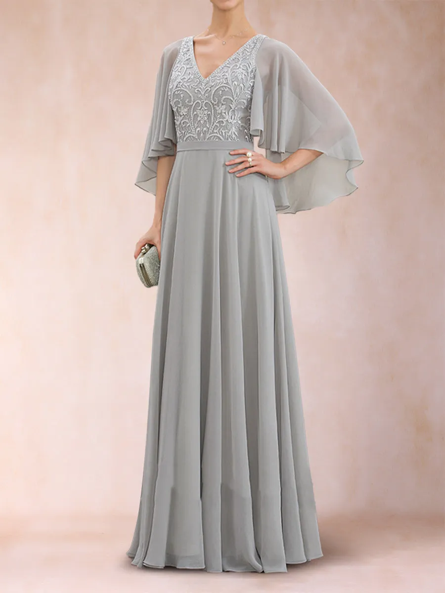 A-Line/Princess Chiffon V-Neck Half Sleeves Mother of the Bride Dresses with Applique sold by Lavetir product image thumbnail 4