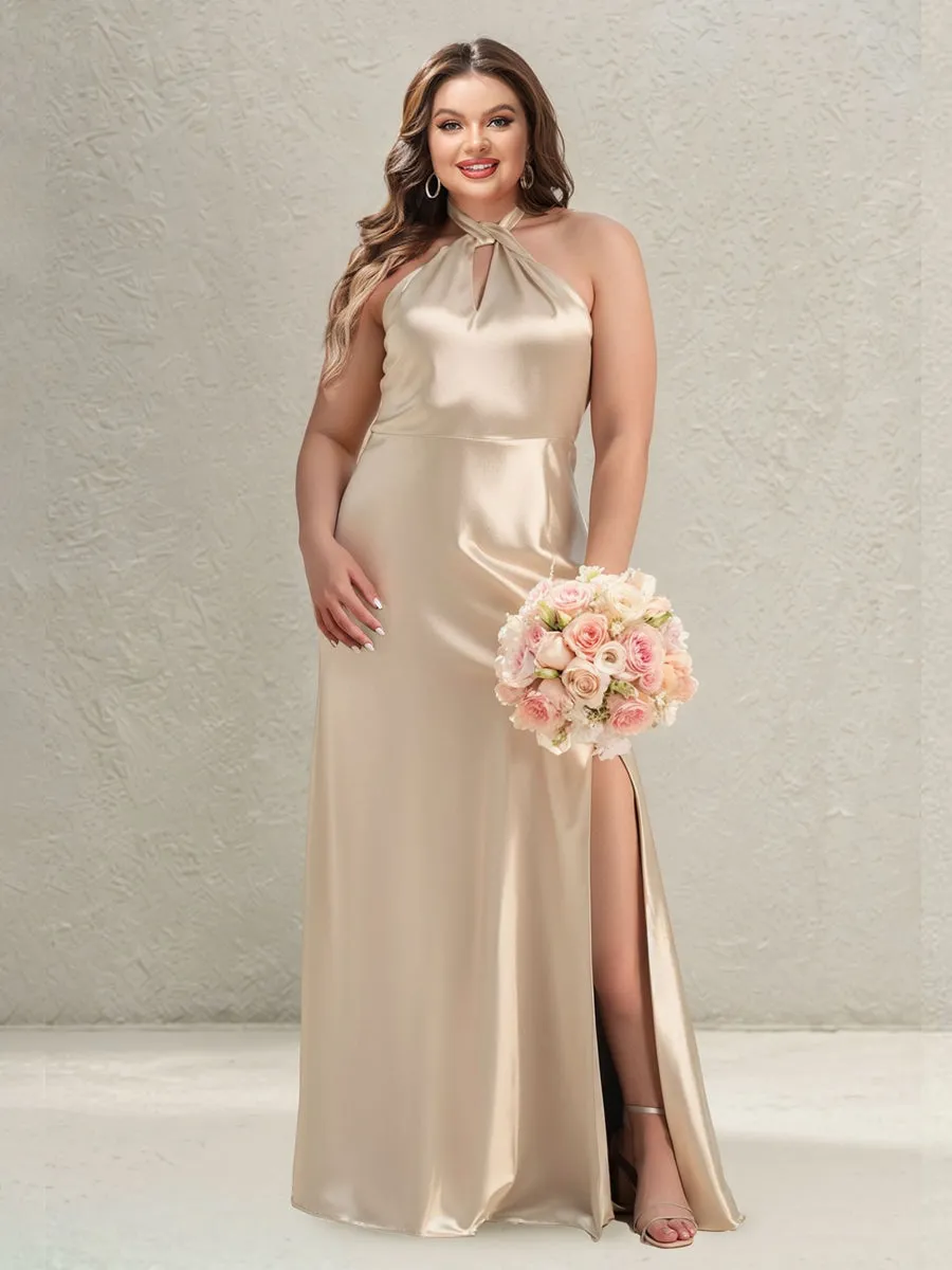 Sheath/Column Halter Keyhole Plus Size Bridesmaid Dresses with Split Side sold by Lavetir