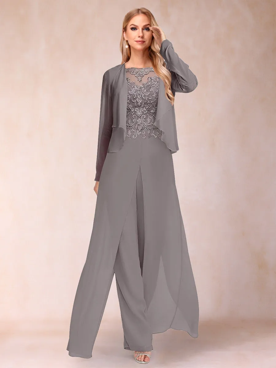 Sheath/Column Scoop Long Sleeves 2 Pieces Pantsuits with Applique & Jacket sold by Lavetir