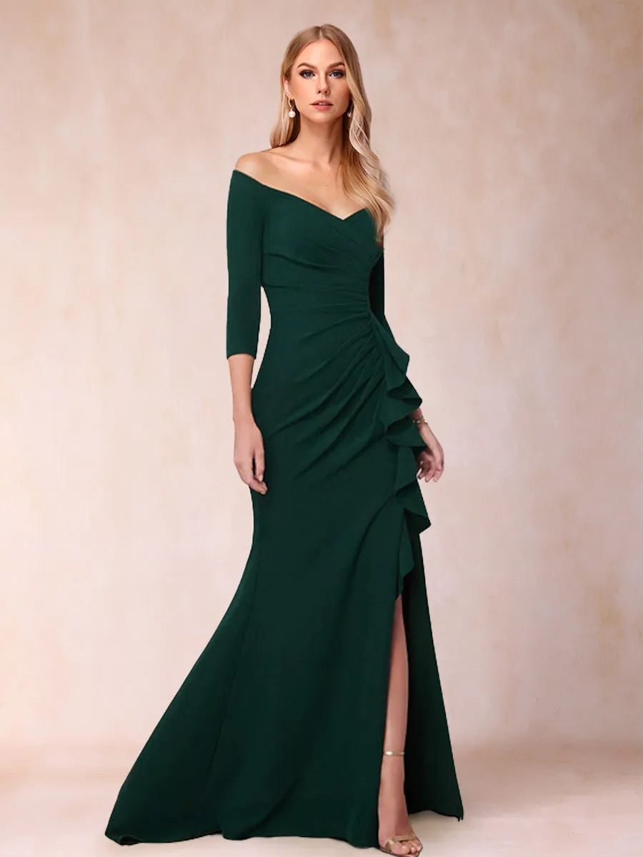 Sheath/Column Off-the-Shoulder 3/4 Sleeves Mother of the Bride Dresses with Ruffles sold by Lavetir