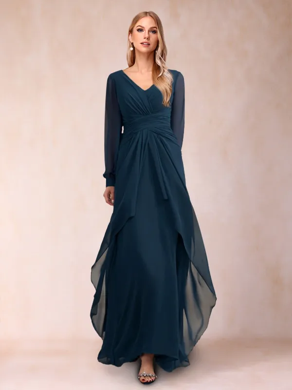 Sheath/Column V-Neck Long Sleeves Mother of the Bride Dresses with Ruched sold by Lavetir