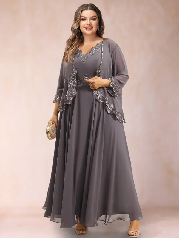 A-Line/Princess V-Neck 3/4 Sleeves 2 Pieces Plus Size Mother of the Bride Dresses with Applique sold by Lavetir