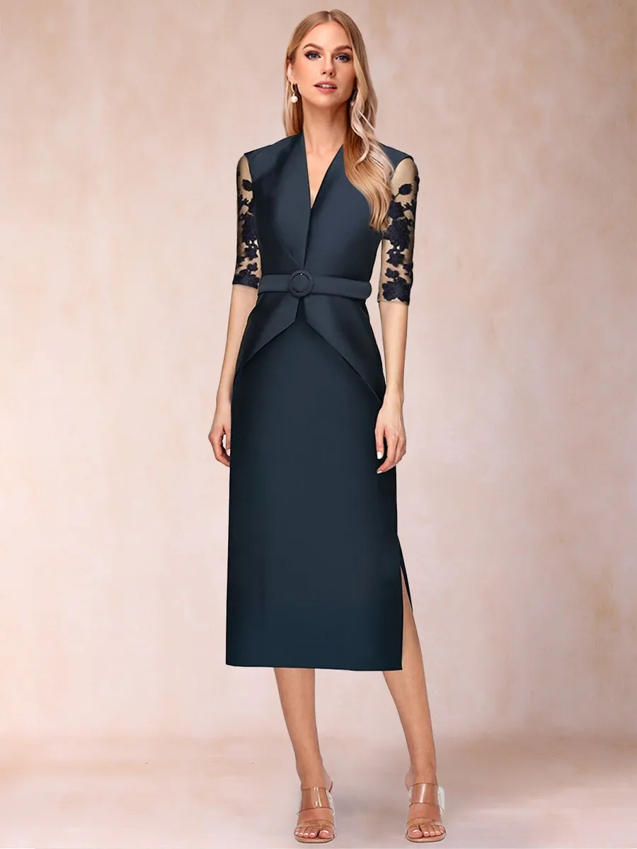 Sheath/Column V-Neck Half Sleeves 2 Pieces Mother of the Bride Dresses with Belt sold by Lavetir