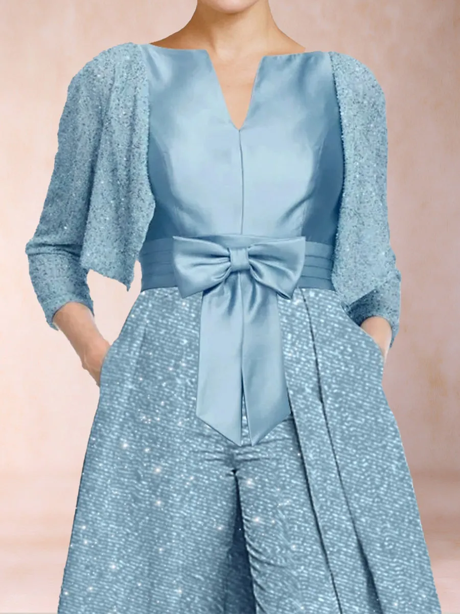 A-Line/Princess V-Neck 3/4 Sleeves 2 Pieces Pantsuits with Bow Knot sold by Lavetir product image thumbnail 3
