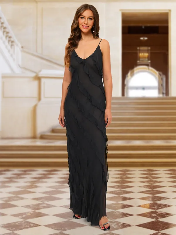 Sheath/Column Spaghetti Straps Sleeveless Evening Dresses with Ruffles sold by Lavetir
