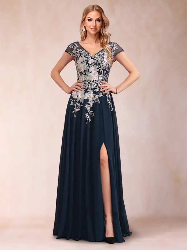 A-Line/Princess V-Neck Short Sleeves Mother of the Bride Dresses with Applique sold by Lavetir