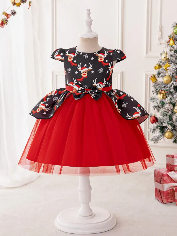 A-Line/Princess Scoop Puff Sleeves Christmas Dresses with Sash sold by Lavetir