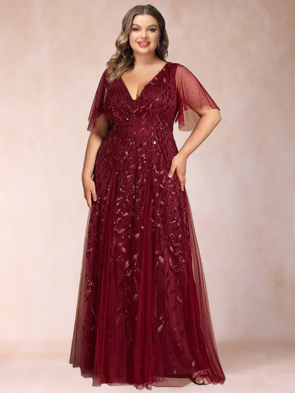 A-Line/Princess Floor-Length Half Sleeves V-Neck Plus Size Mother of the Bride Dresses sold by Lavetir