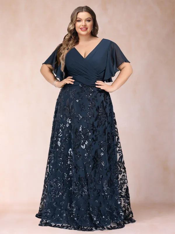 A-Line/Princess Floor-Length Short Sleeves V-Neck Plus Size Mother of the Bride Dresses sold by Lavetir
