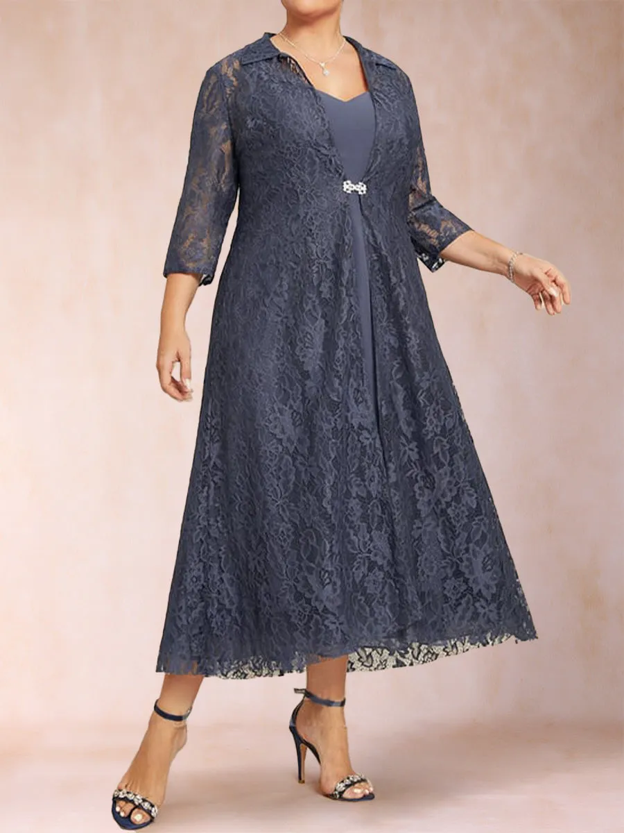 A-Line/Princess Tea-Length 3/4 Sleeves V-Neck Plus Size Mother of the Bride Dresses sold by Lavetir product image thumbnail 3