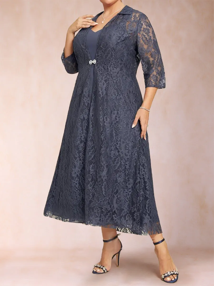 A-Line/Princess Tea-Length 3/4 Sleeves V-Neck Plus Size Mother of the Bride Dresses sold by Lavetir product image thumbnail 4