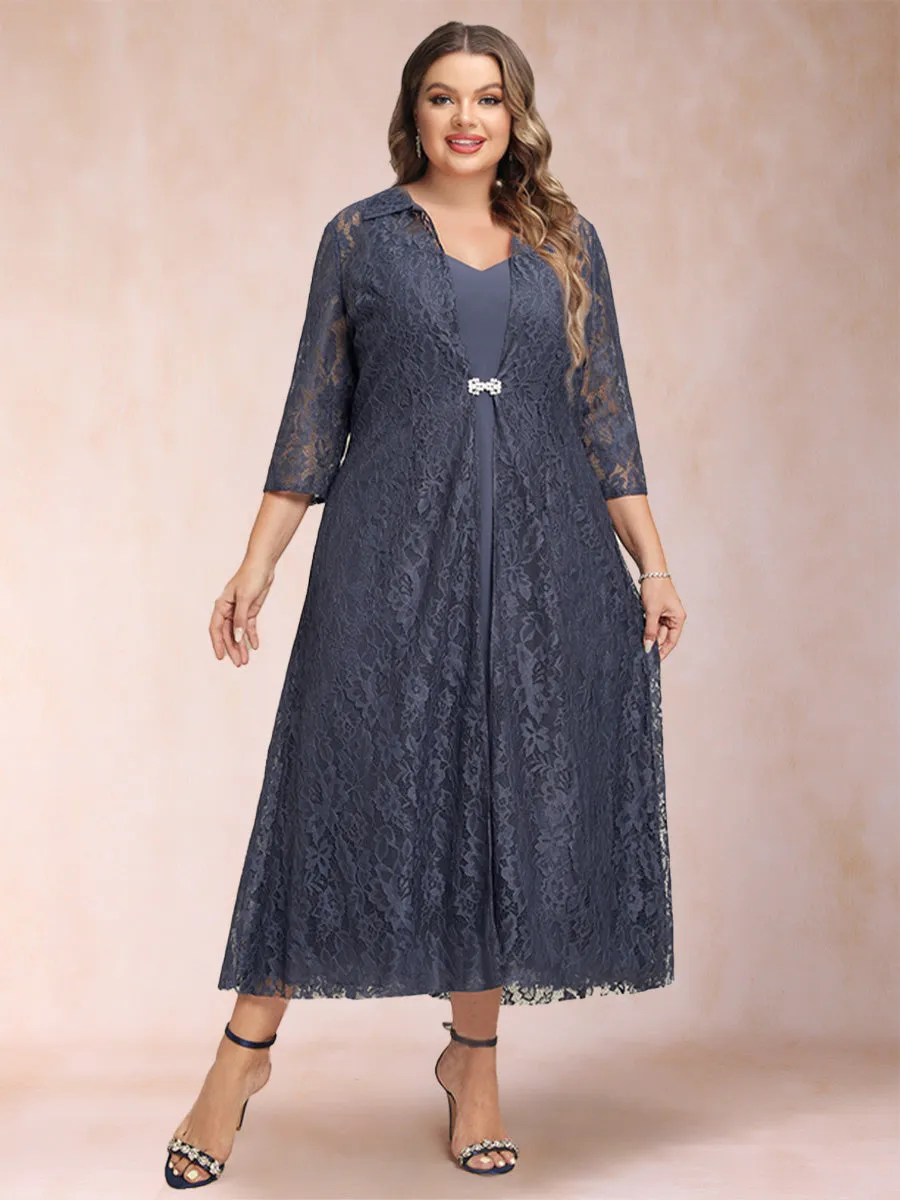 A-Line/Princess Tea-Length 3/4 Sleeves V-Neck Plus Size Mother of the Bride Dresses sold by Lavetir