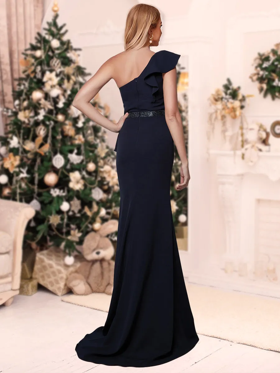 Sheath/Column One-Shoulder Ruched Christmas Dresses with Ruffles & Split Side sold by Lavetir product image thumbnail 2