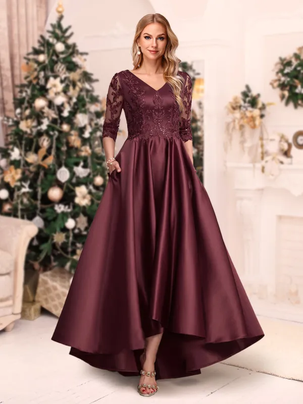 A-Line/Princess V-Neck 3/4 Sleeves Asymmetrical Christmas Dresses with Appliques sold by Lavetir