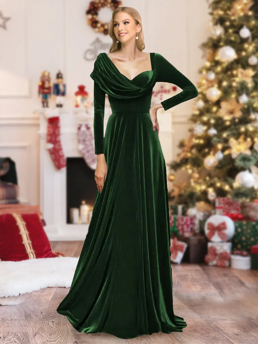 A-Line/Princess Asymmetrical Long Sleeves Pleated Velvet Christmas Dresses sold by Lavetir