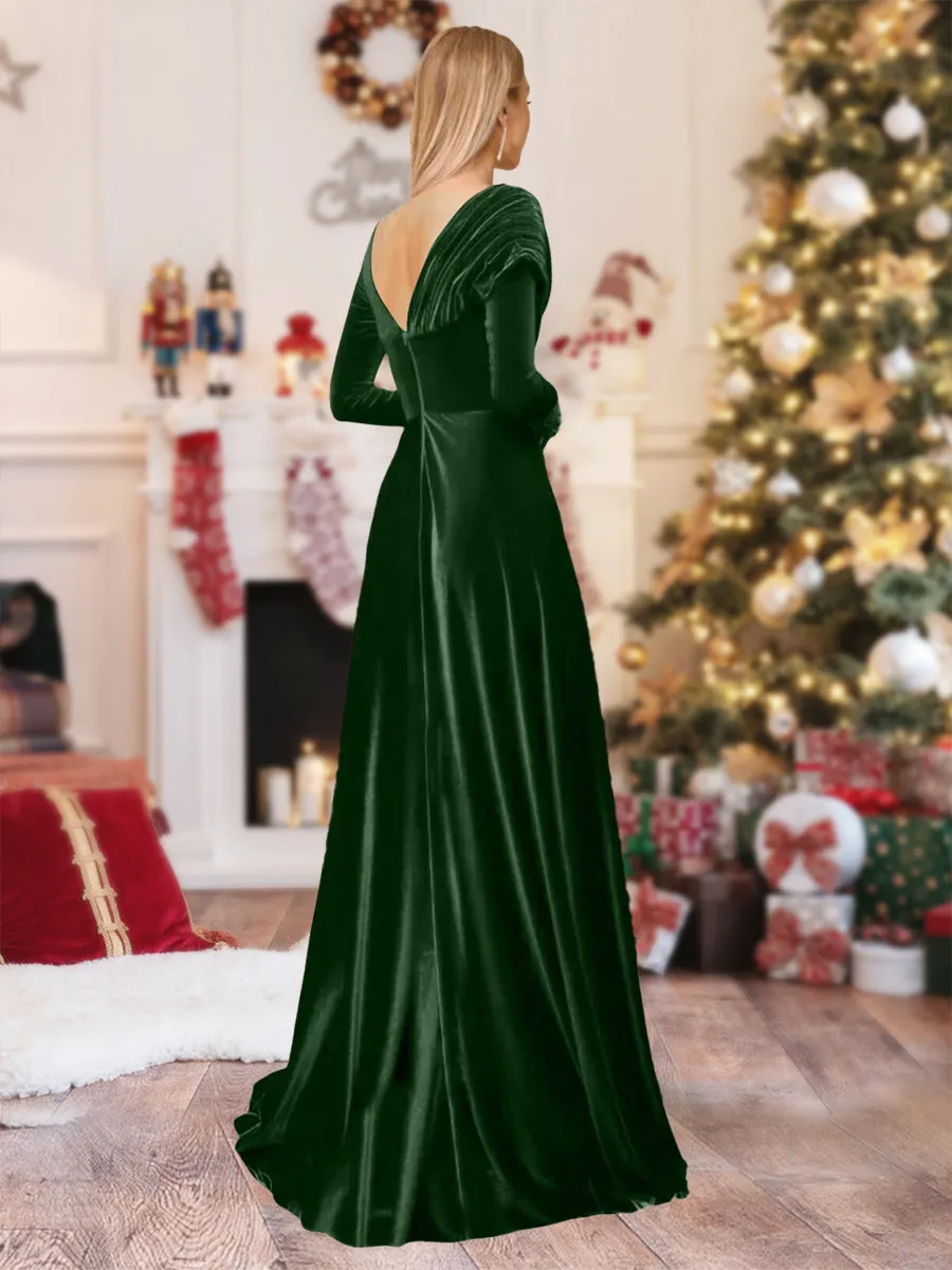 A-Line/Princess Asymmetrical Long Sleeves Pleated Velvet Christmas Dresses sold by Lavetir product image thumbnail 2