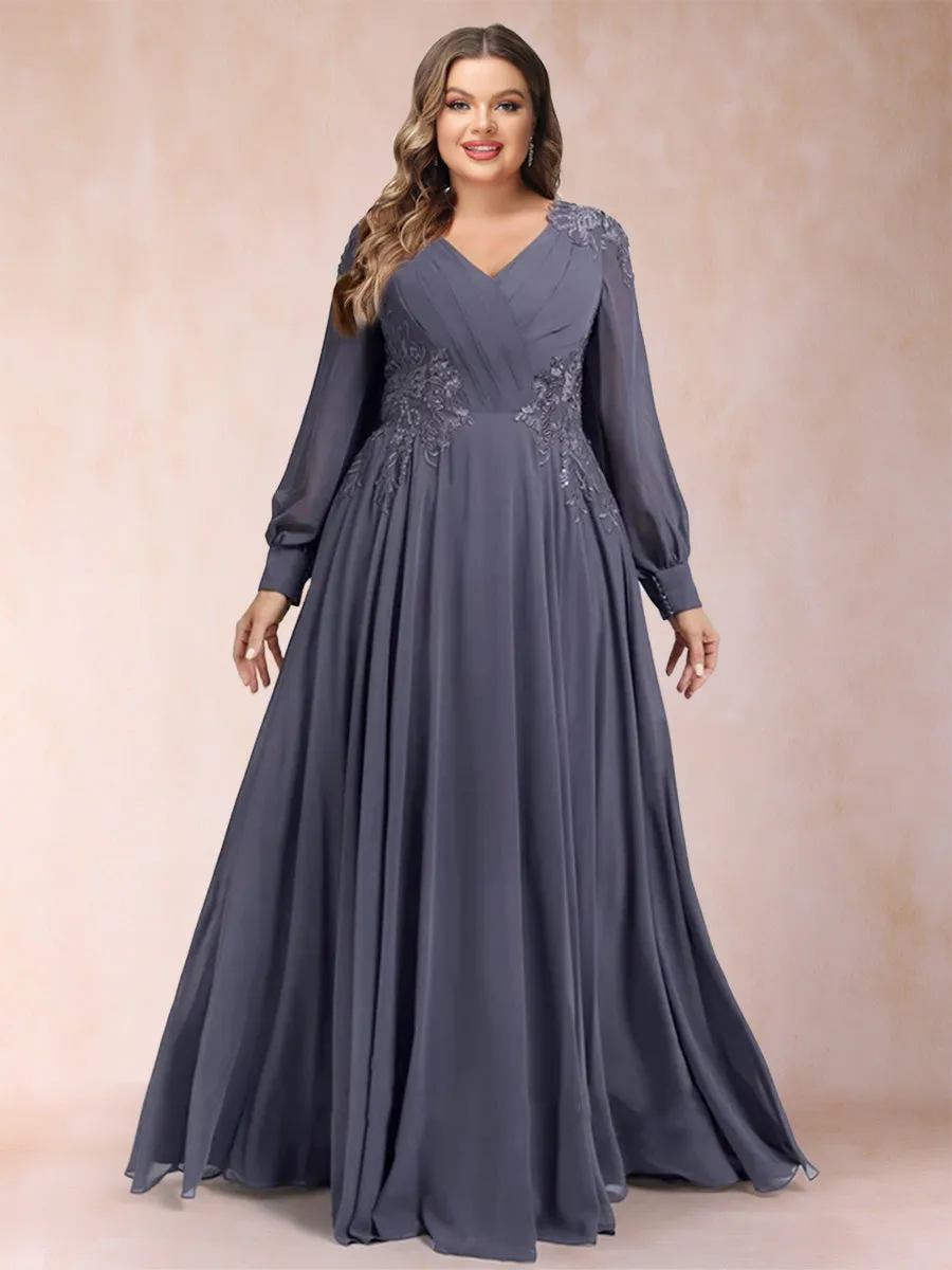 A-Line/Princess V-Neck Long Sleeves Plus Size Mother of the Bride Dresses with Applique sold by Lavetir