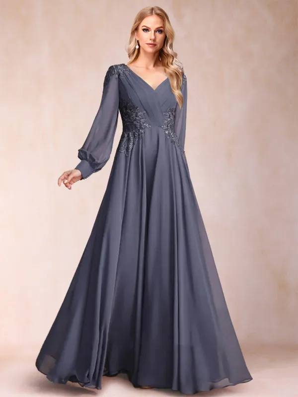 A-Line/Princess V-Neck Long Sleeves Mother of the Bride Dresses with Applique sold by Lavetir