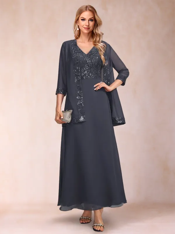 A-Line/Princess V-Neck 3/4 Sleeves 2 Pieces Mother of the Bride Dress with Sequins & Jacket sold by Lavetir