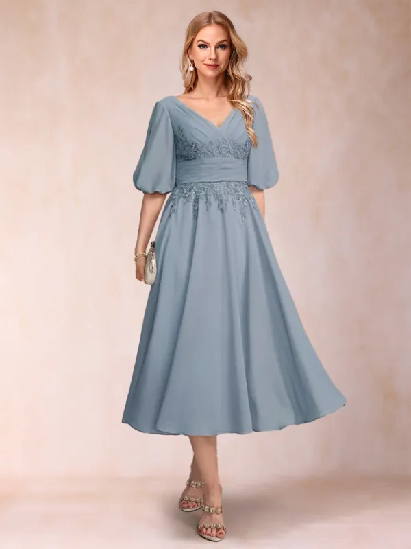 A-Line/Princess V-Neck Half Sleeves Mother of the Bride Dresses with Applique sold by Lavetir