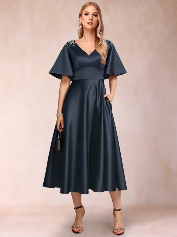 A-Line/Princess V-Neck Half Sleeves Mother of the Bride Dresses with Rhinestones sold by Lavetir