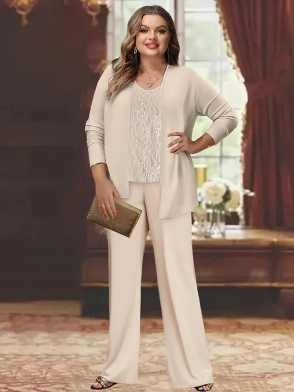 Chiffon Round Neck Floor-Length Plus Size Mother of the Bride Pantsuits with Jacket sold by Lavetir