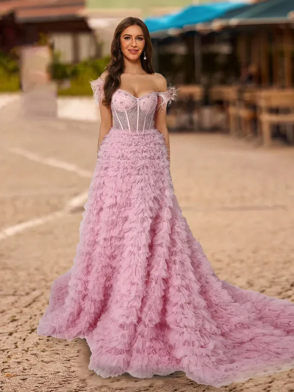 A-Line/Princess Off-the-Shoulder Short Sleeves Prom Dresses with Lace sold by Lavetir
