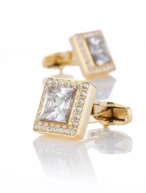 Men's 2Pcs Cufflinks Golden Geometric with Rhinestones sold by Lavetir