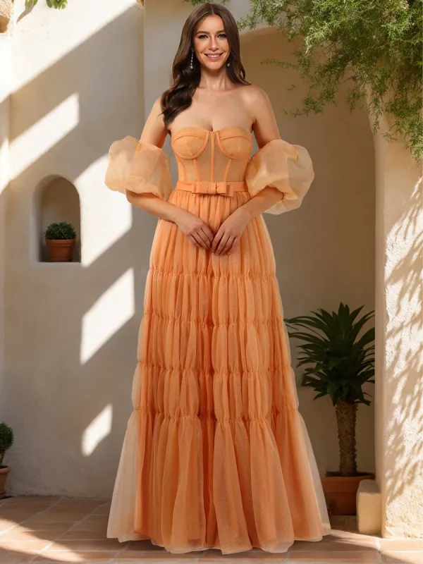 A-Line/Princess Strapless Short Sleeves Prom Dresses with Sash sold by Lavetir