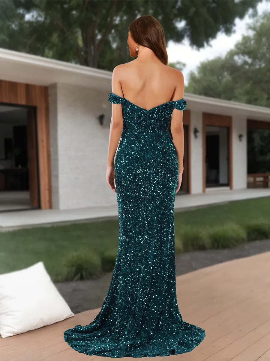 Sheath/Column Off-the-Shoulder Short Sleeves Prom Dresses with Split Side sold by Lavetir product image thumbnail 2