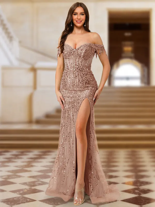 Trumpet/Mermaid Off the Shoulder Short Sleeves Prom Dresses with Sequins sold by Lavetir