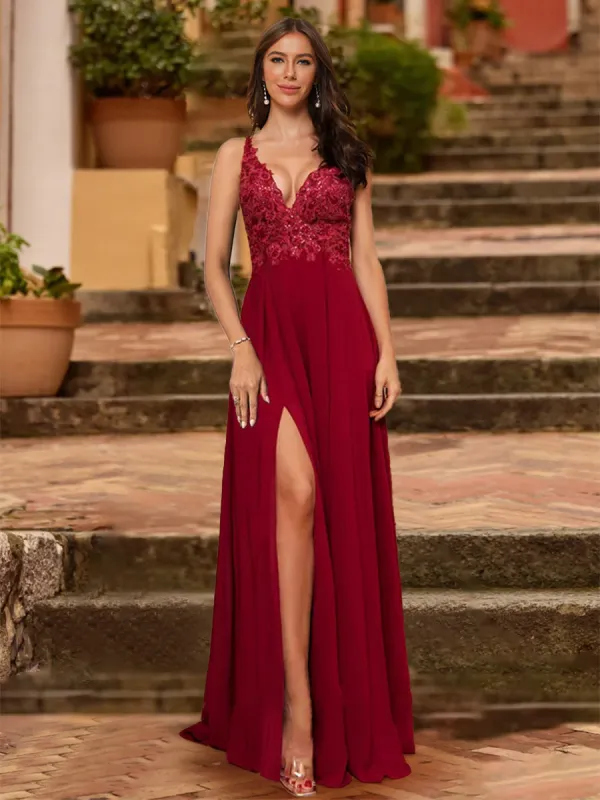 A-Line/Princess V-Neck Sleeveless Prom Dresses with Applique sold by Lavetir