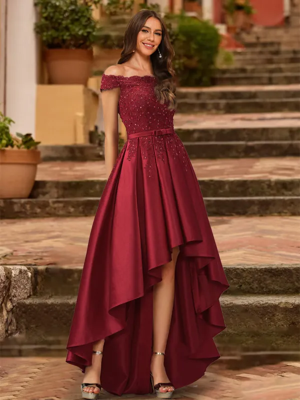 A-Line/Princess Off the Shoulder Short Sleeves Prom Dresses with Sequins sold by Lavetir