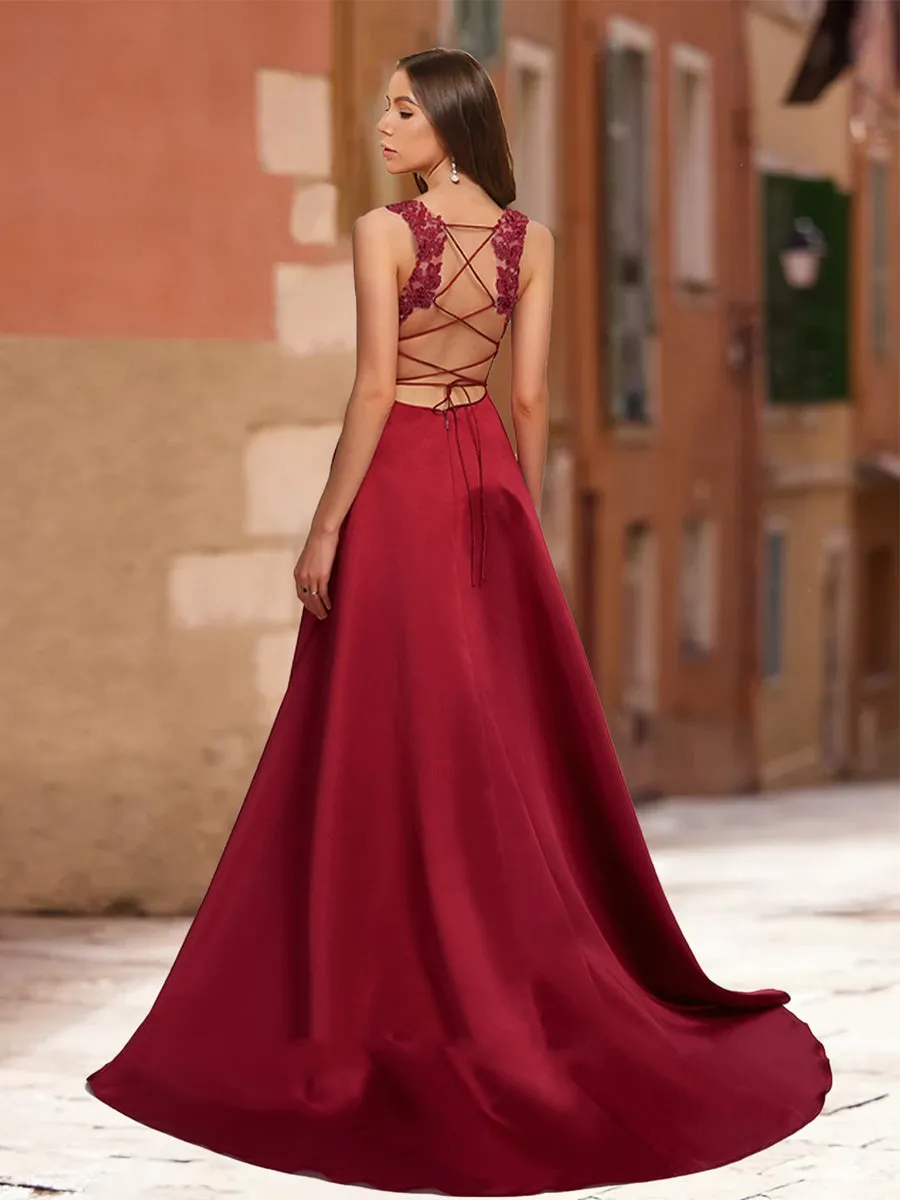 A-Line/Princess V-Neck Sleeveless Prom Dresses with Lace sold by Lavetir product image thumbnail 2