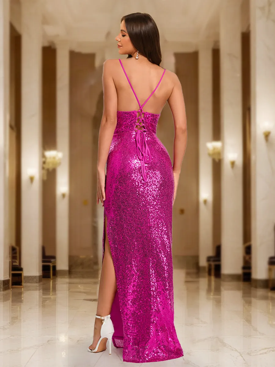 Sheath/Column Spaghetti Straps Sleeveless Prom Dresses with Split Side sold by Lavetir product image thumbnail 2