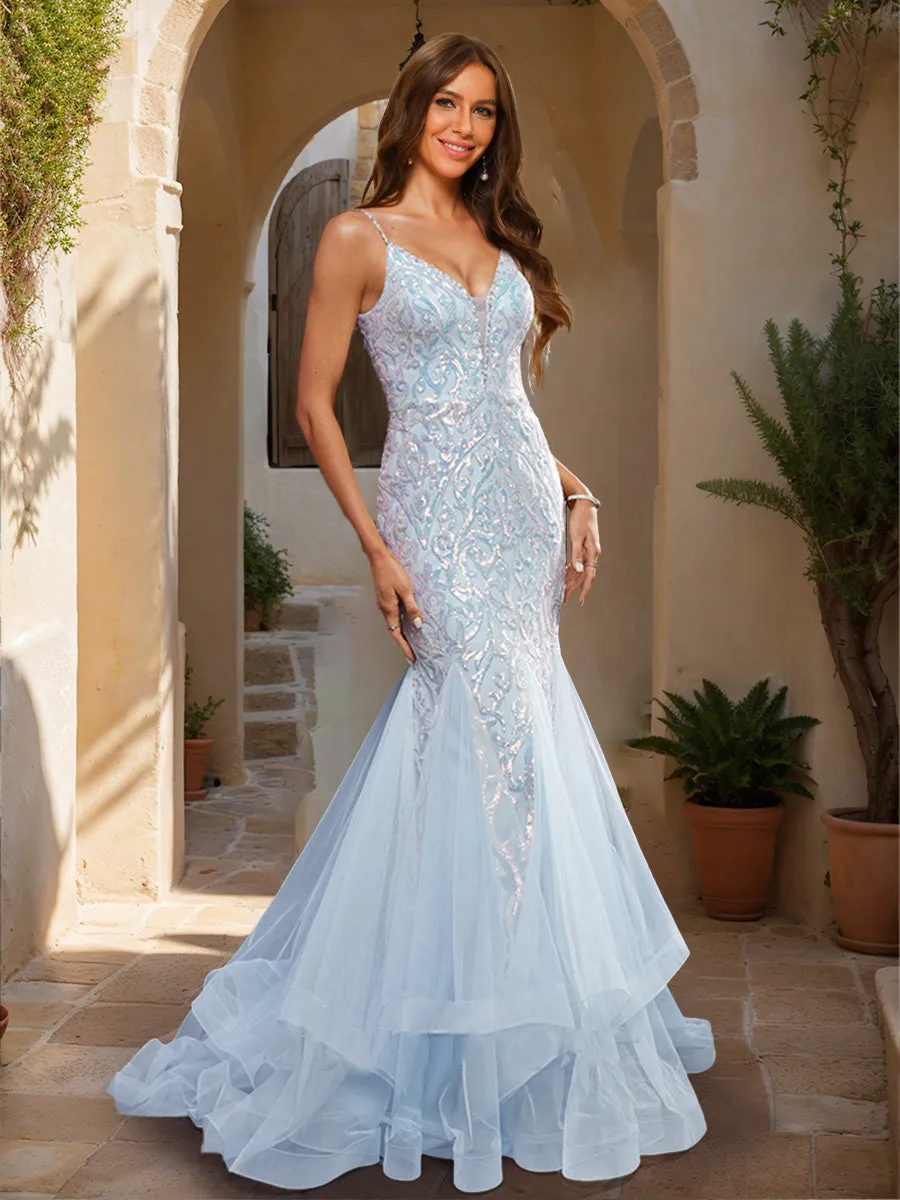Trumpet/Mermaid V-Neck Sleeveless Prom Dresses with Applique sold by Lavetir