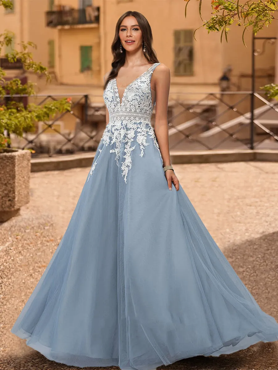 A-Line/Princess V-Neck Sleeveless Prom Dresses with Applique sold by Lavetir
