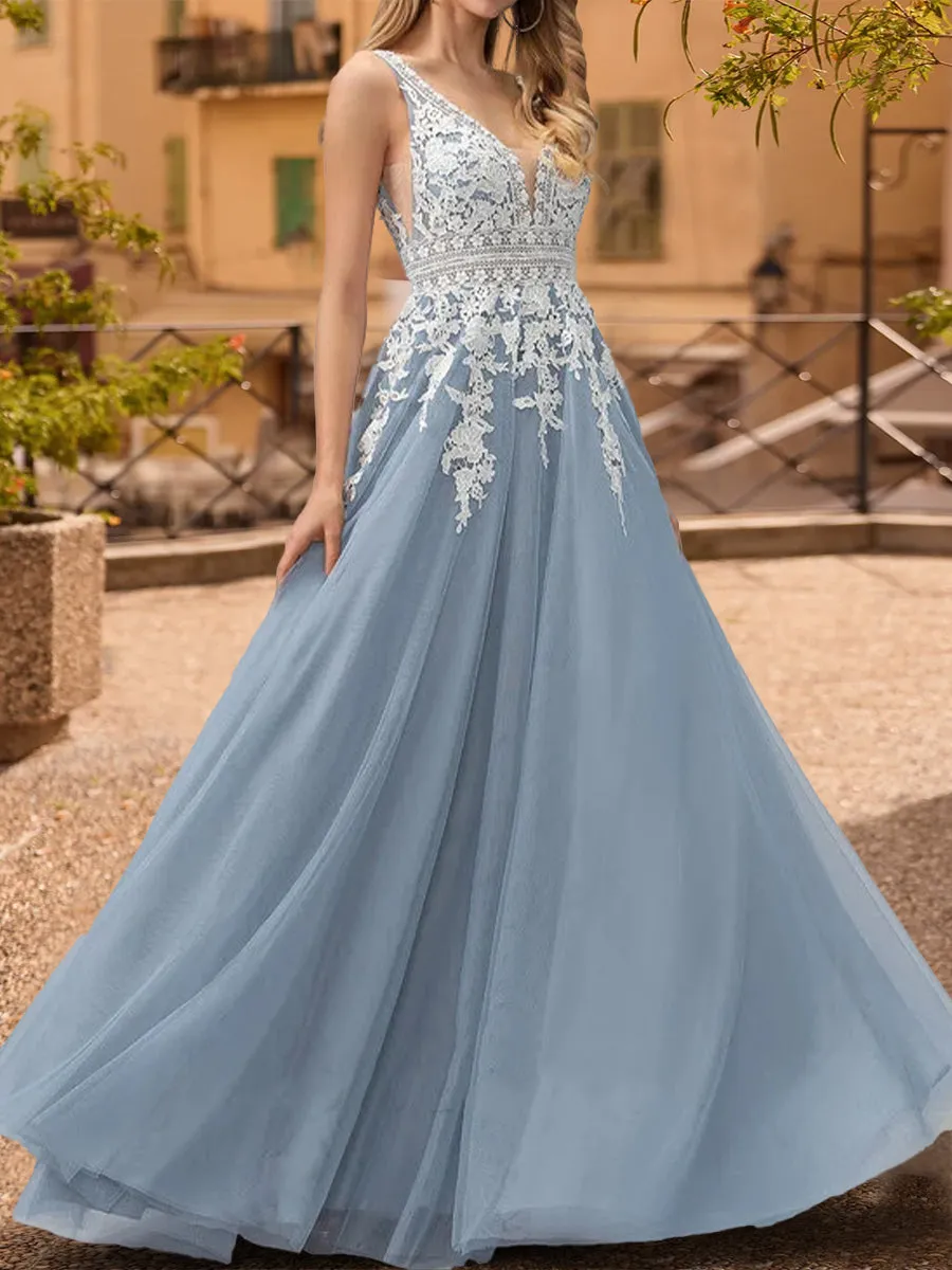 A-Line/Princess V-Neck Sleeveless Prom Dresses with Applique sold by Lavetir product image thumbnail 3