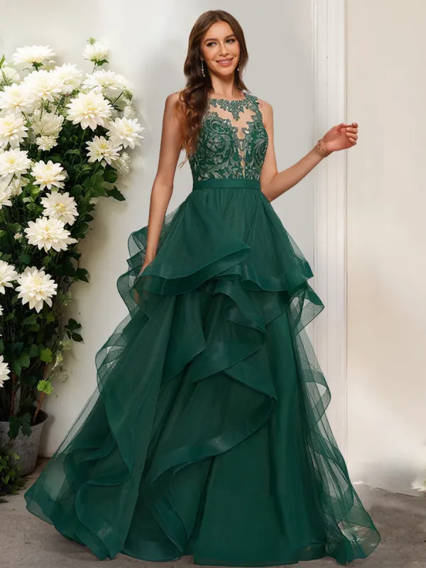 Ball Gown Scoop Sleeveless Ruffles Prom Dresses sold by Lavetir