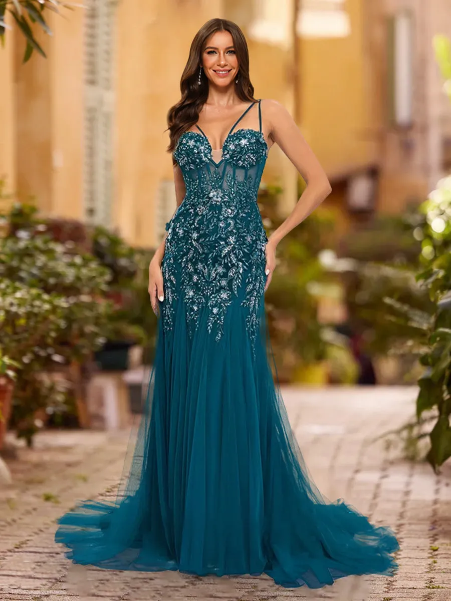 Sheath/Column V-Neck Sleeveless Applique Prom Dresses sold by Lavetir