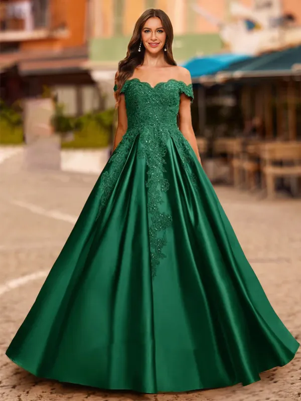 Ball Gown Off-the-Shoulder Short Sleeves Sequins Prom Dresses sold by Lavetir
