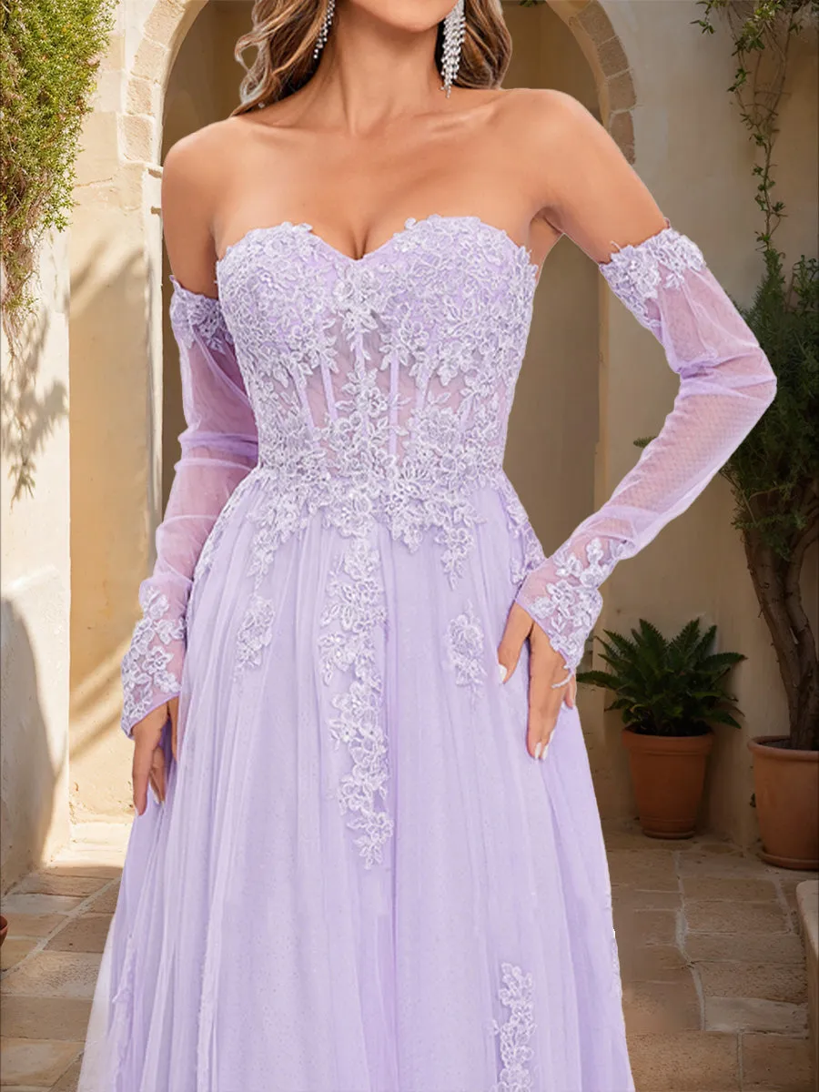 A-Line/Princess Strapless Long Sleeves Lace Prom Dresses sold by Lavetir product image thumbnail 4