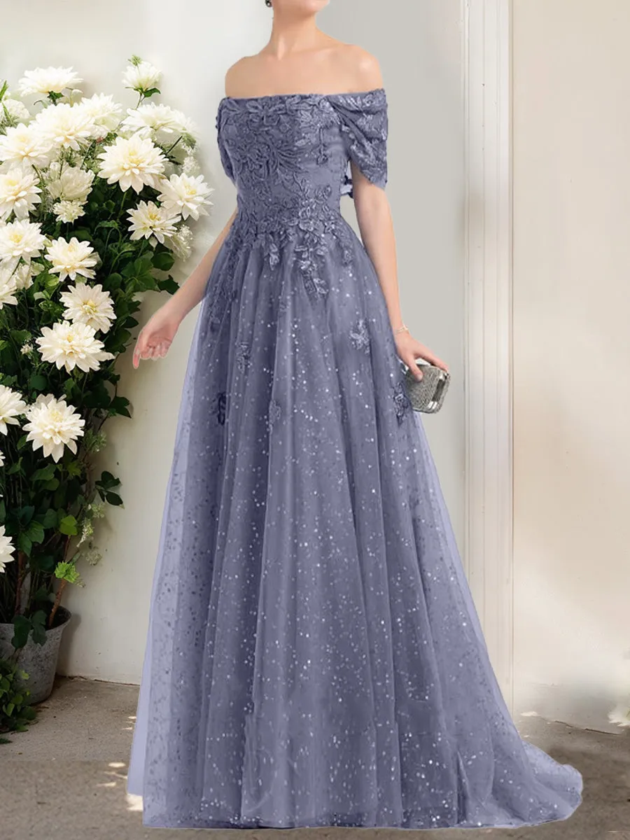 A-Line/Princess Off-the-Shoulder Short Sleeves Sequins Prom Dresses sold by Lavetir product image thumbnail 4