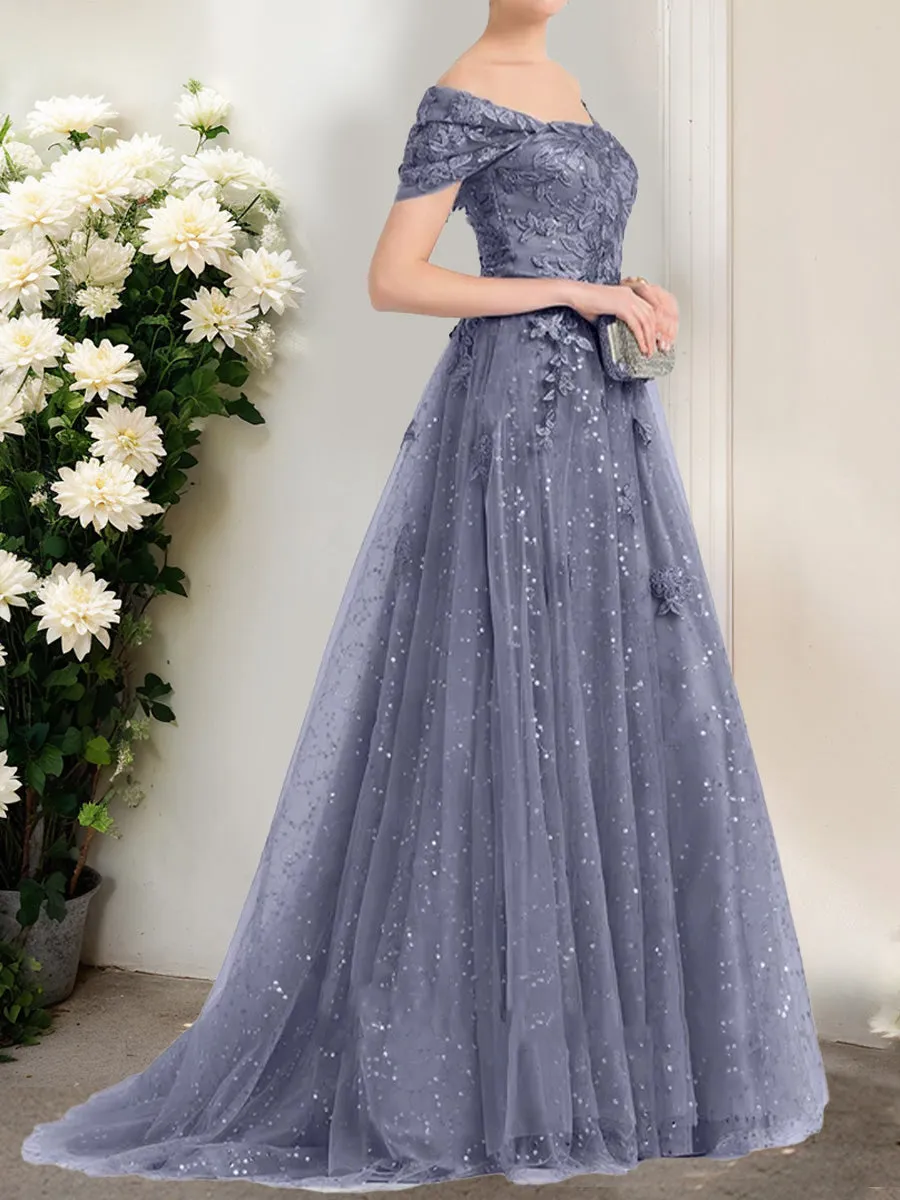 A-Line/Princess Off-the-Shoulder Short Sleeves Sequins Prom Dresses sold by Lavetir product image thumbnail 3