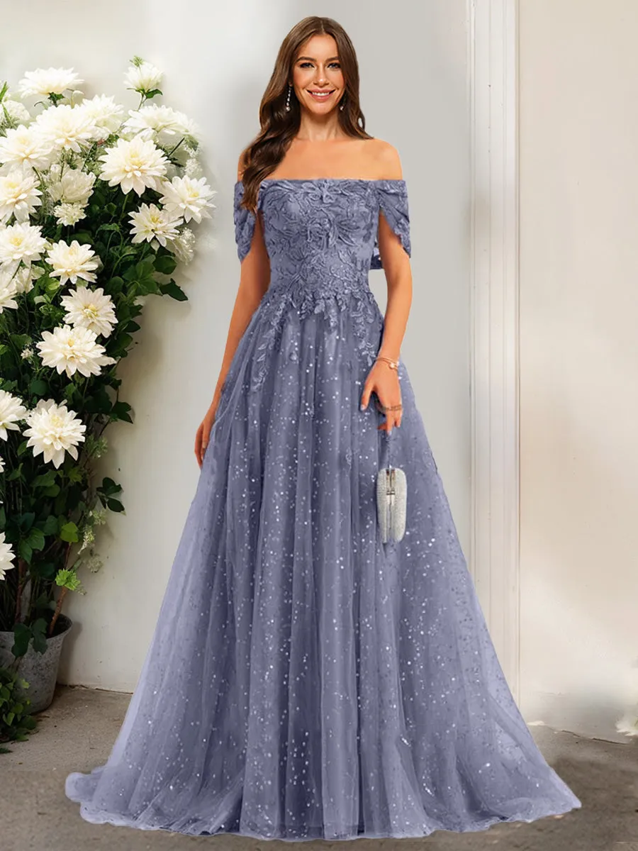 A-Line/Princess Off-the-Shoulder Short Sleeves Sequins Prom Dresses sold by Lavetir